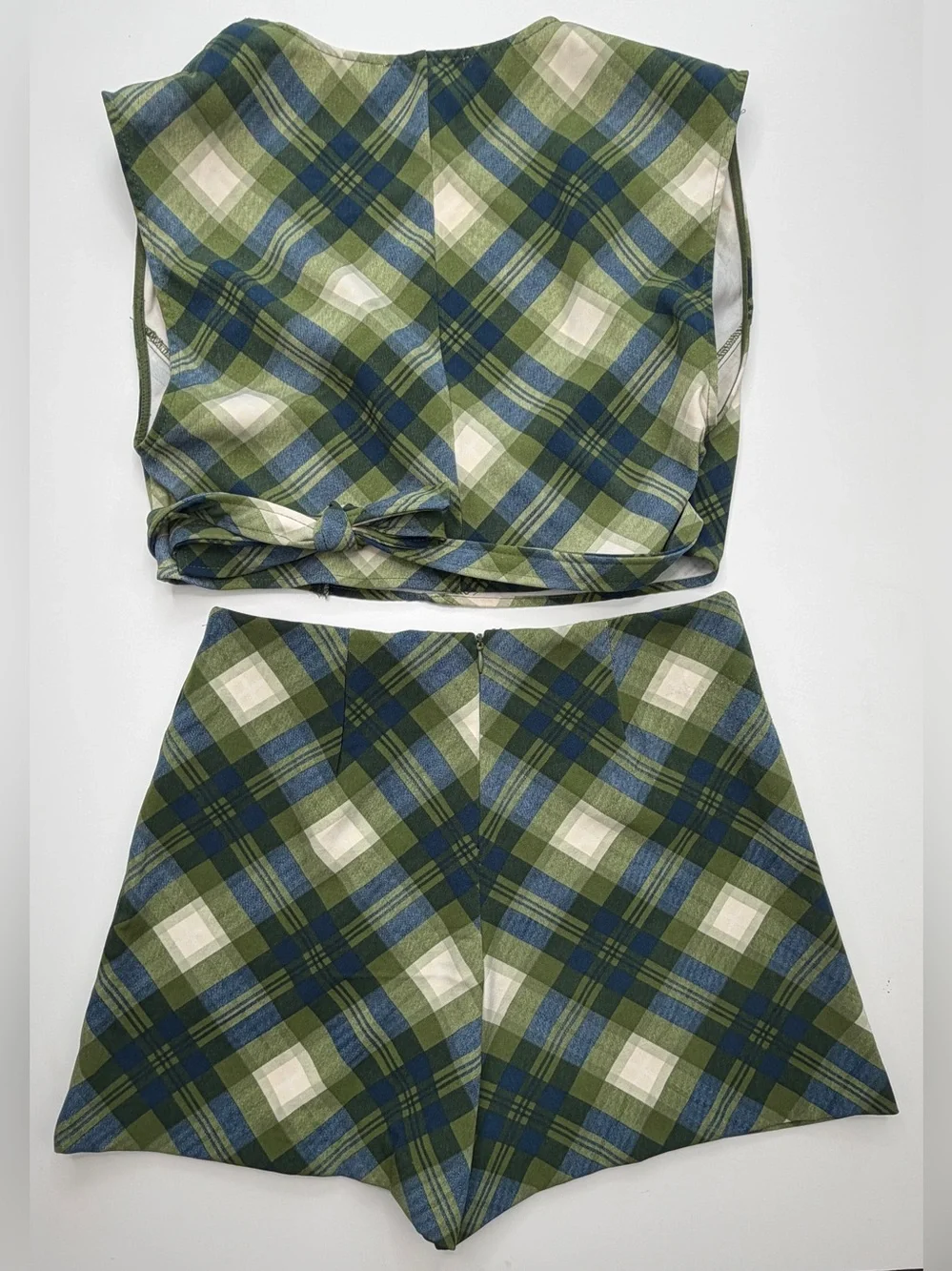 WeWoreWhat wrap top and mini skirt set in vintage plaid green small GUC